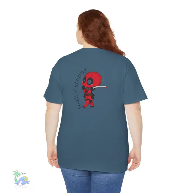 Blue t-shirt with Deadpool graphic.