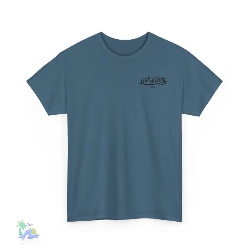 Blue t-shirt with chest graphic.