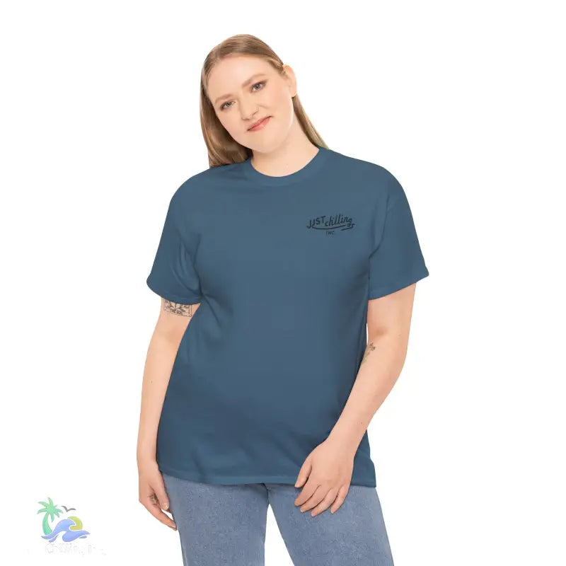 Blue t-shirt on a model.