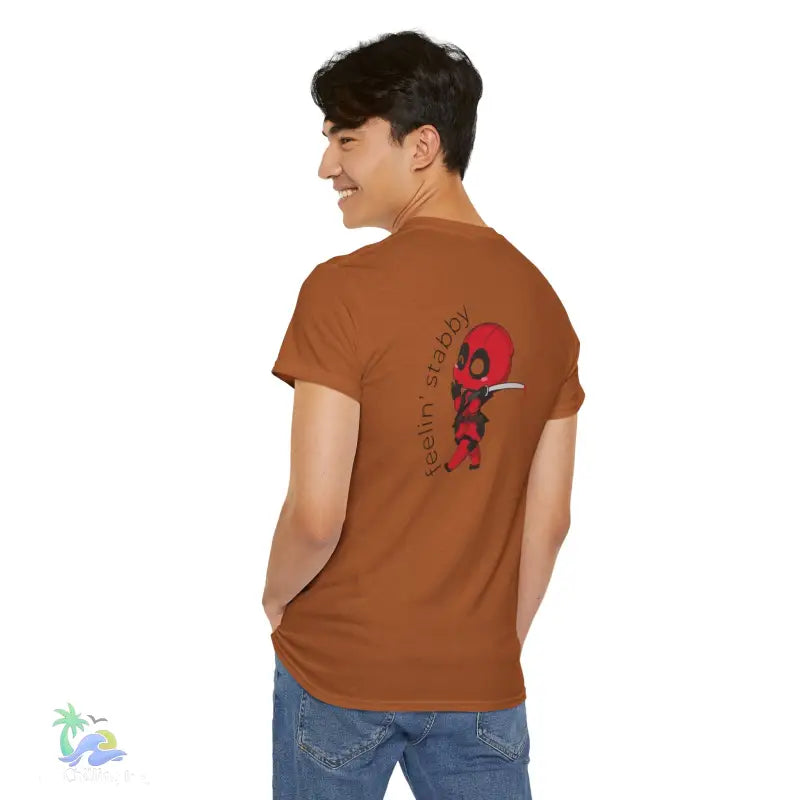 Brown t-shirt with Deadpool graphic.