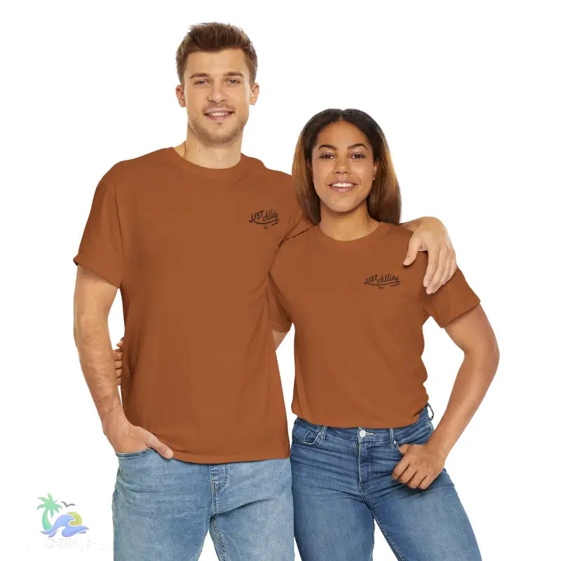 Matching brown t-shirts.