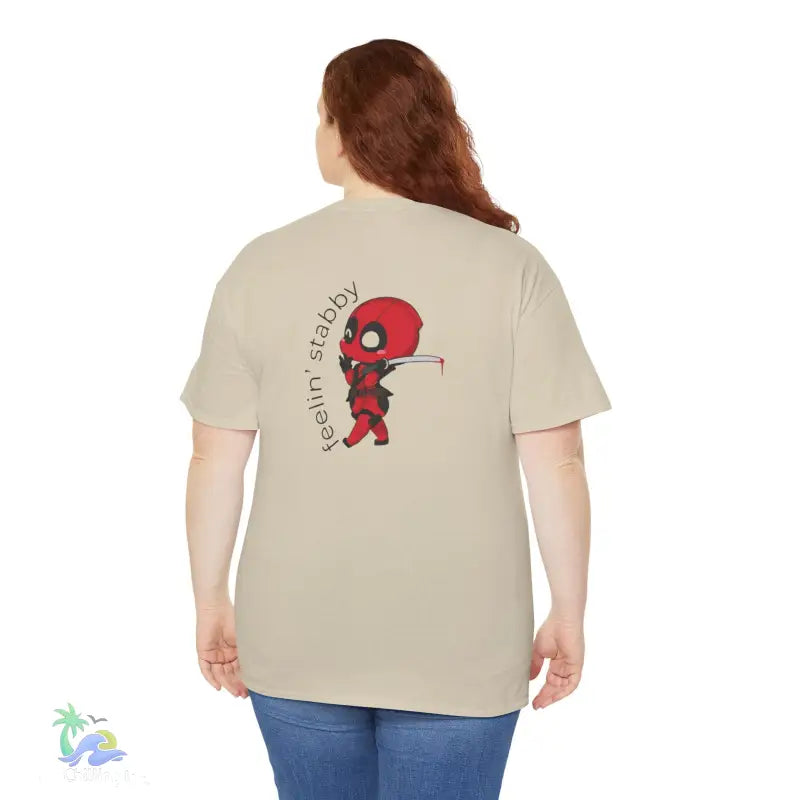 T-shirt with cartoon Deadpool graphic.