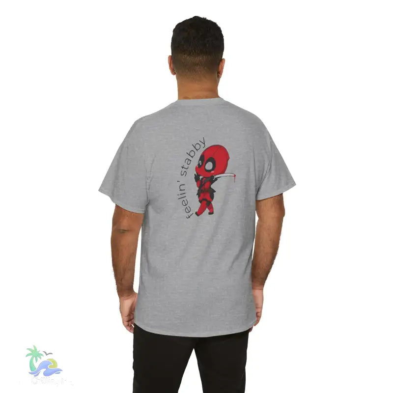 Gray t-shirt with Deadpool graphic.