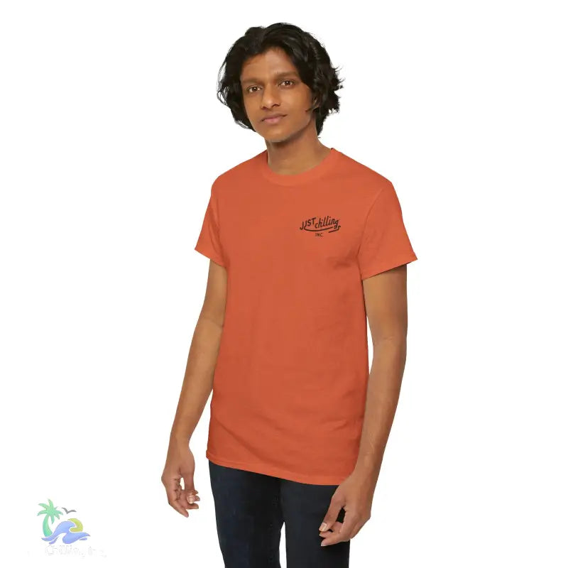 Orange t-shirt with dark lettering.