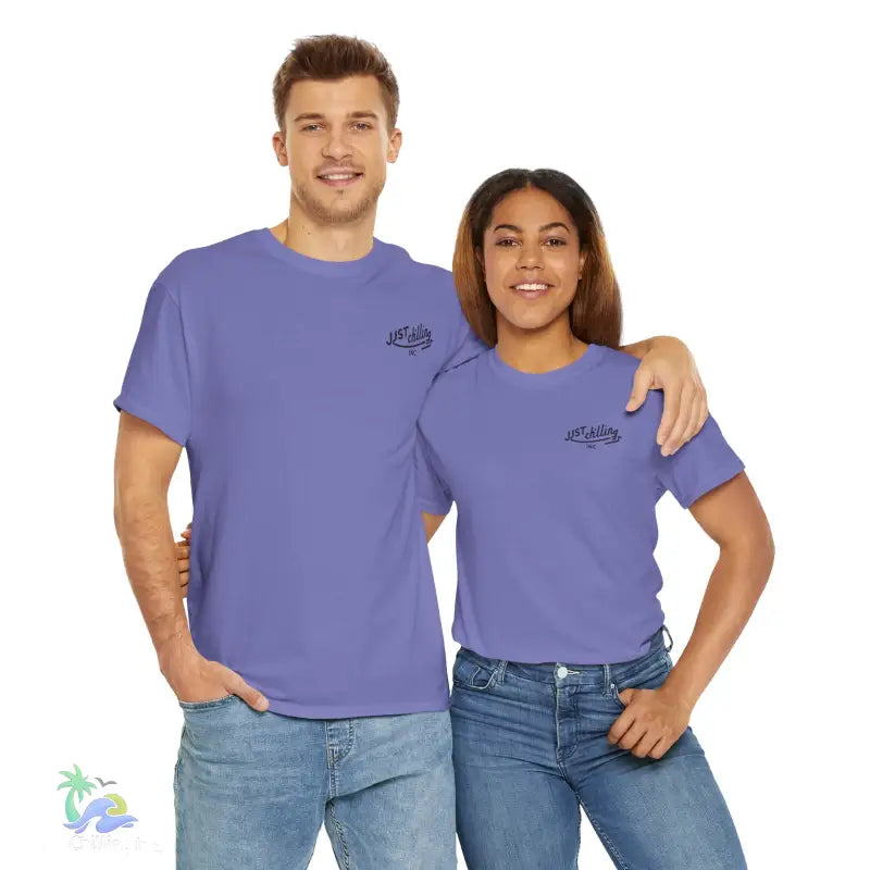 Matching periwinkle t-shirts.