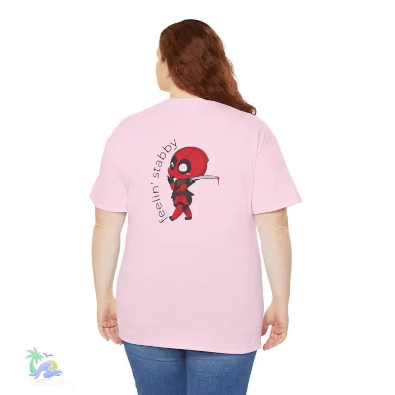 Pink t-shirt with Deadpool graphic.