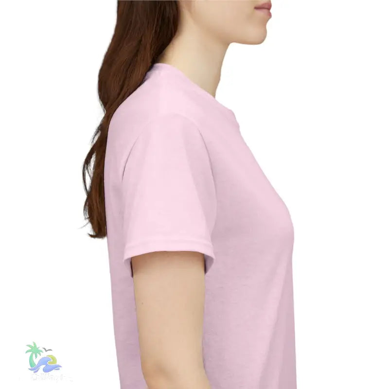 Pink short-sleeved t-shirt.