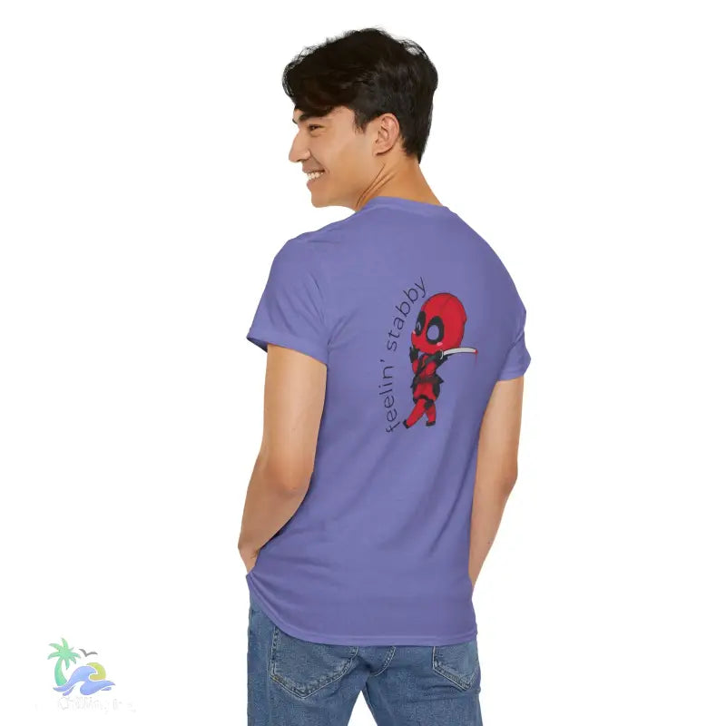 Purple t-shirt with Deadpool graphic.
