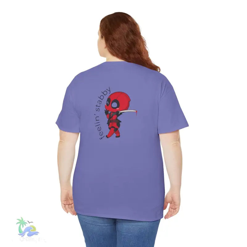 Purple t-shirt with Deadpool graphic.