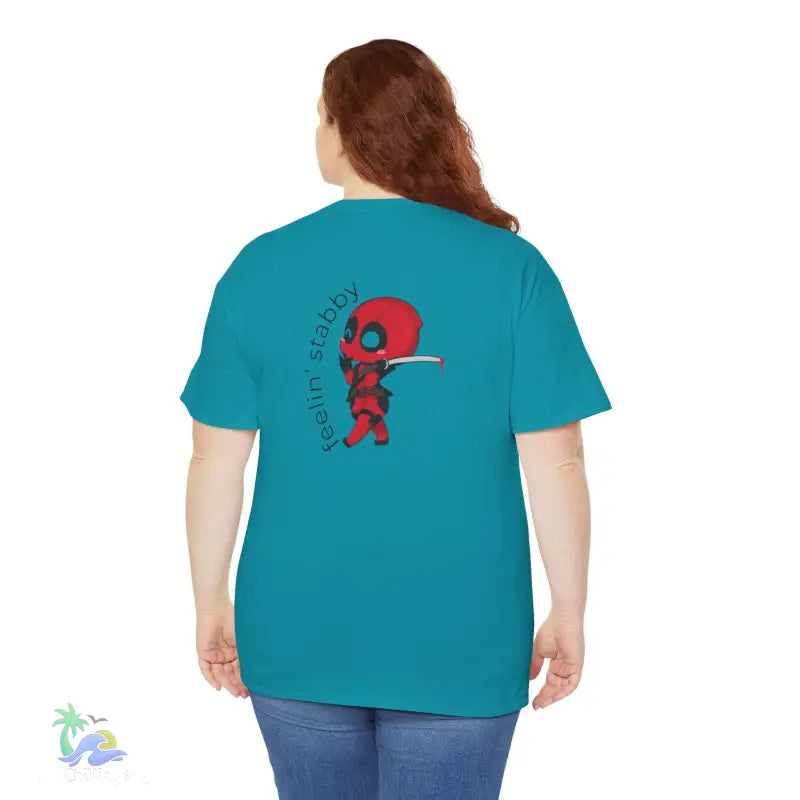 Teal t-shirt with Deadpool graphic.