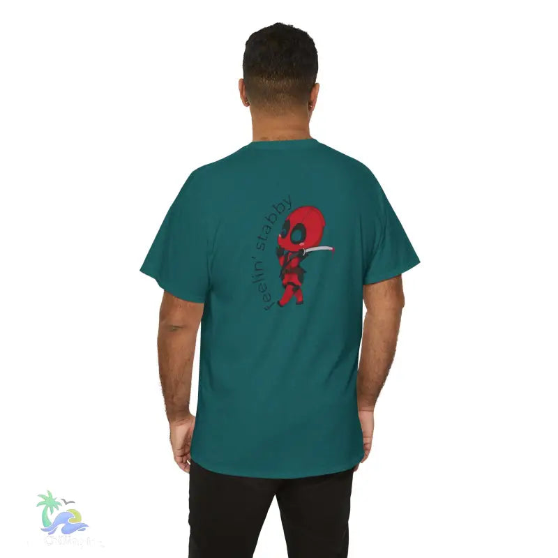 Teal t-shirt with cartoon graphic.