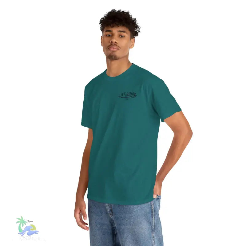Teal t-shirt with chest design.