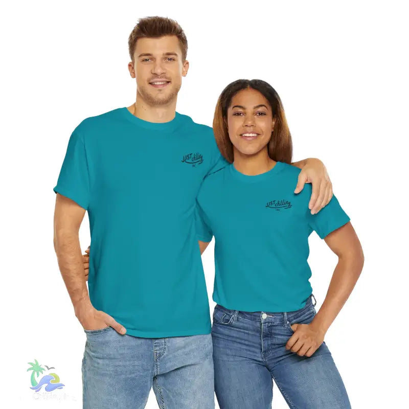 Matching teal t-shirts.