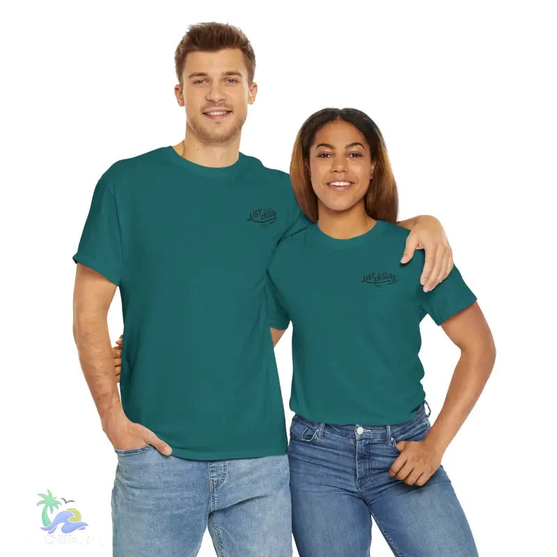 Matching teal t-shirts.