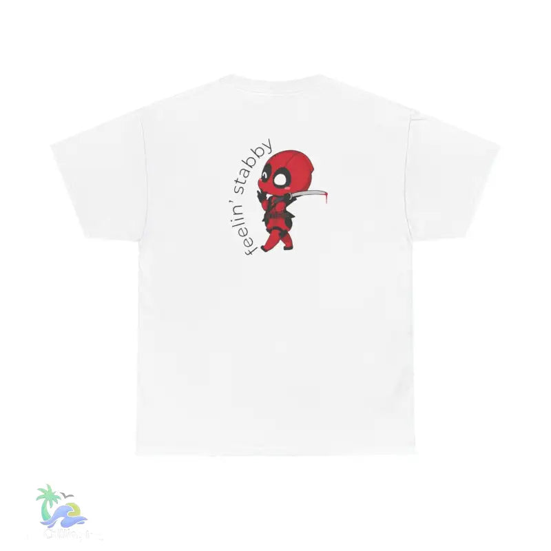 White t-shirt with Deadpool graphic.