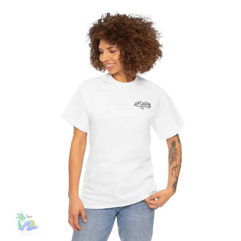White t-shirt with small graphic.
