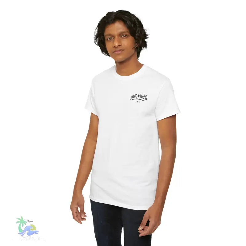 White t-shirt with small logo.