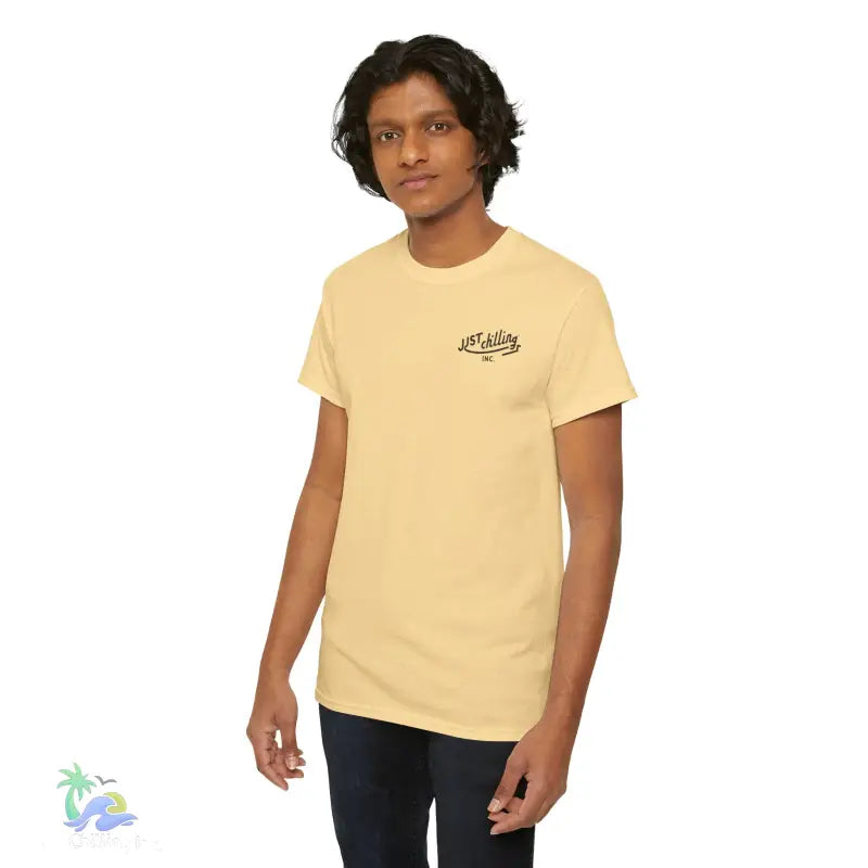 Yellow t-shirt with small logo.