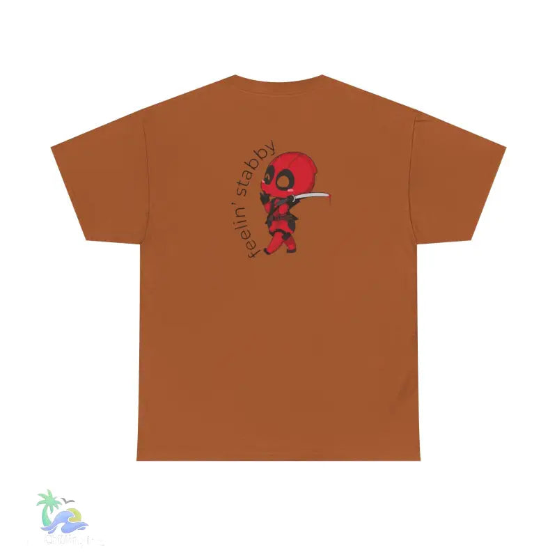 Brown t-shirt with Deadpool graphic.