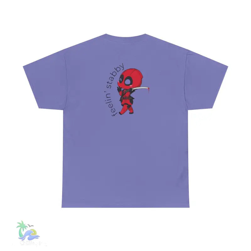 Lilac t-shirt with Deadpool graphic.