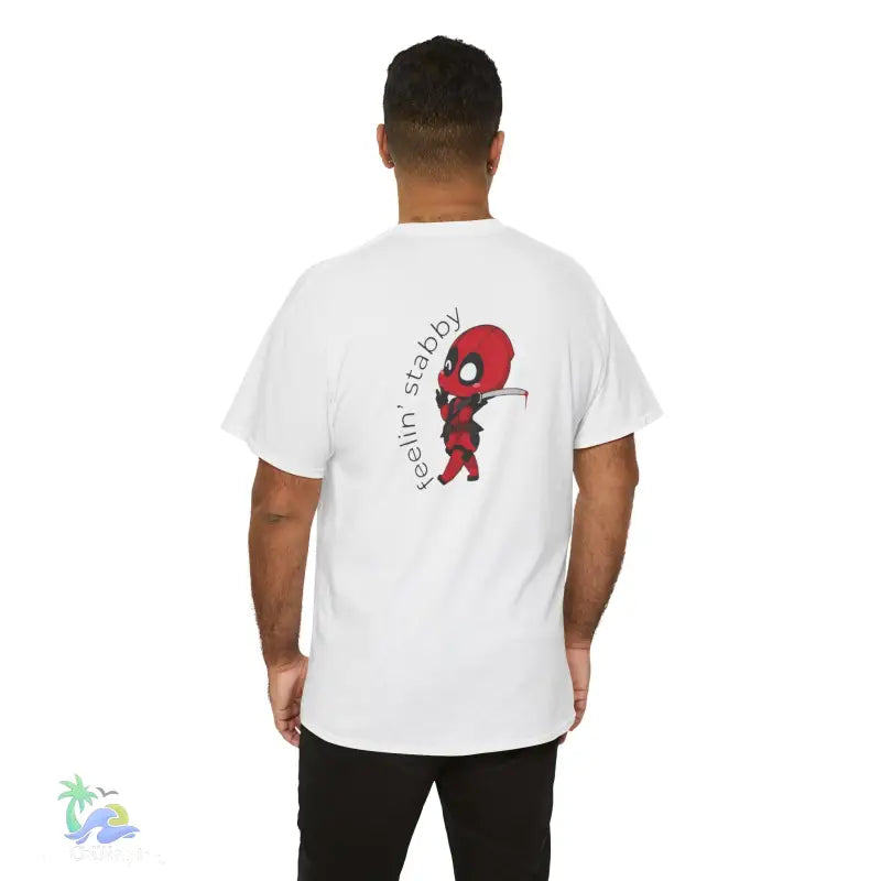 White t-shirt with cartoon Deadpool graphic.