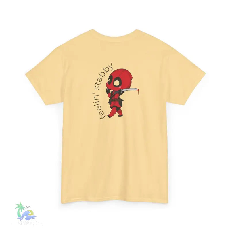 Yellow t-shirt with Deadpool graphic.