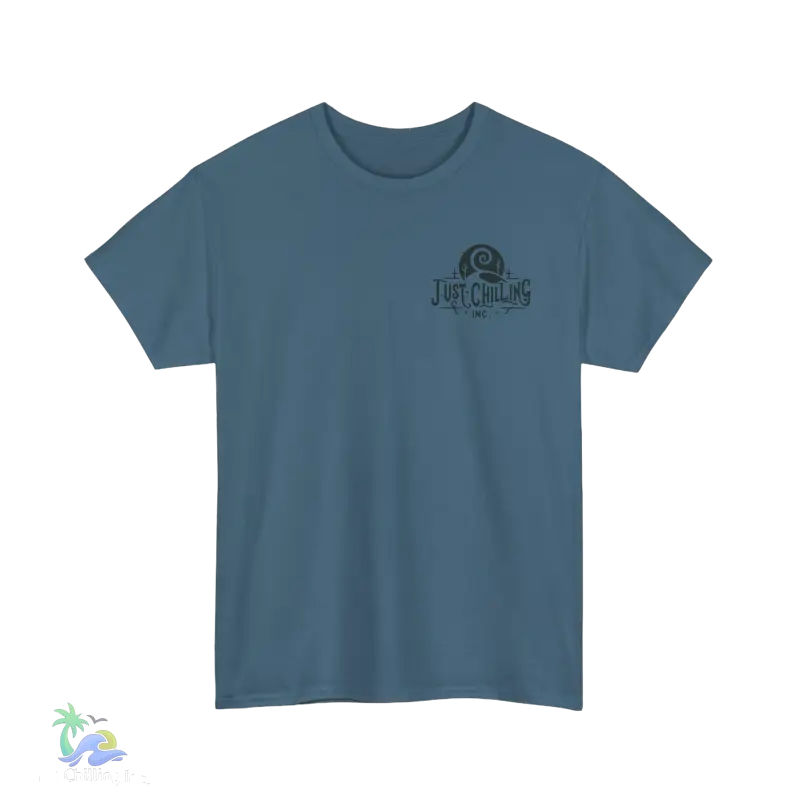 a blue t - shirt with a black and white logo