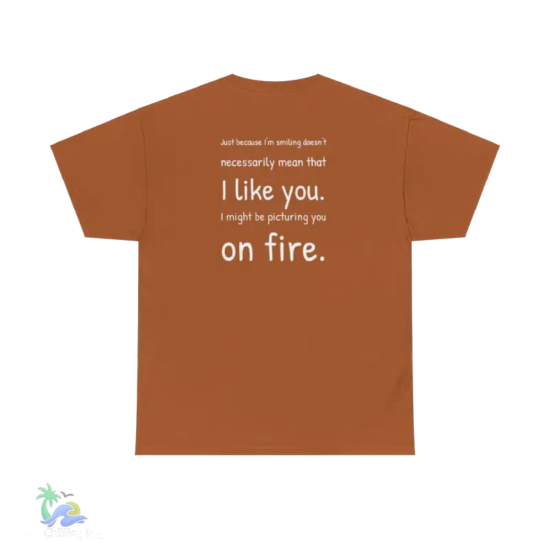 a brown t - shirt that says i like you on fire