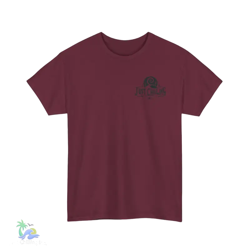 a maroon t - shirt with a black logo on the chest
