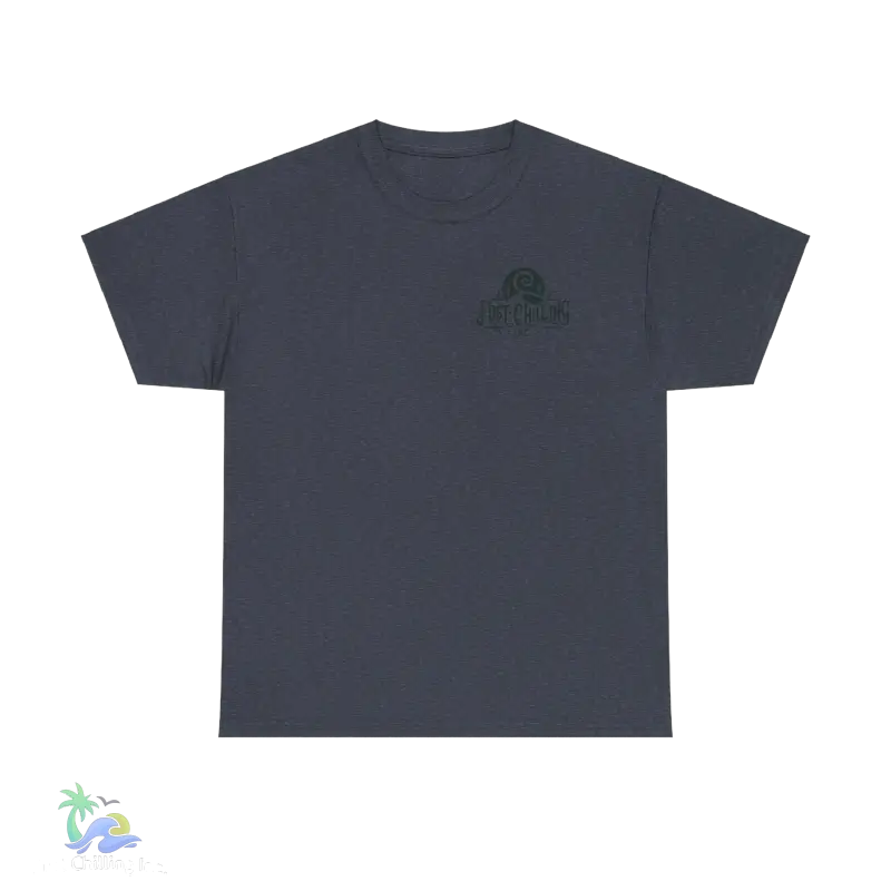 a grey t - shirt with a green logo on the chest