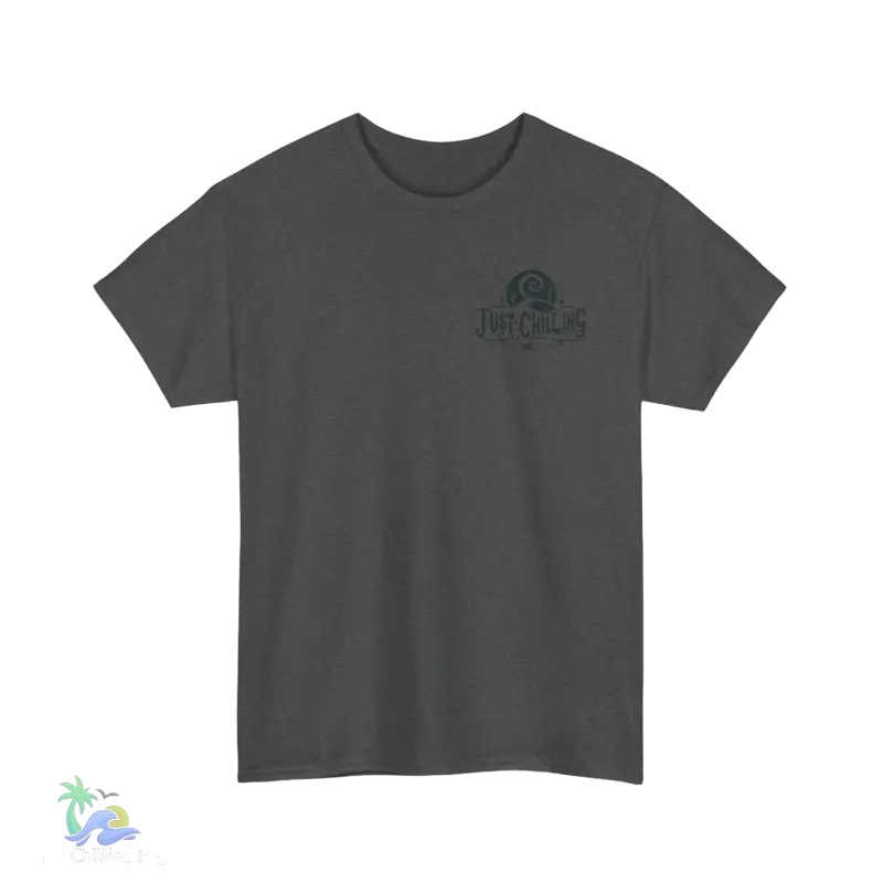 a gray t - shirt with a green logo on the chest