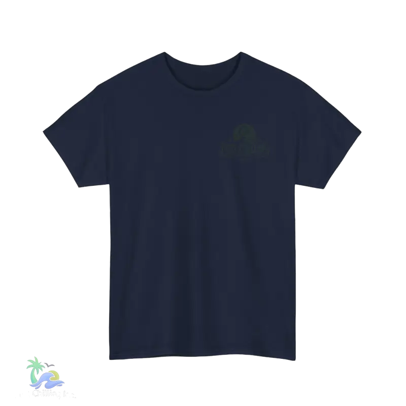 a dark blue t - shirt with a green logo