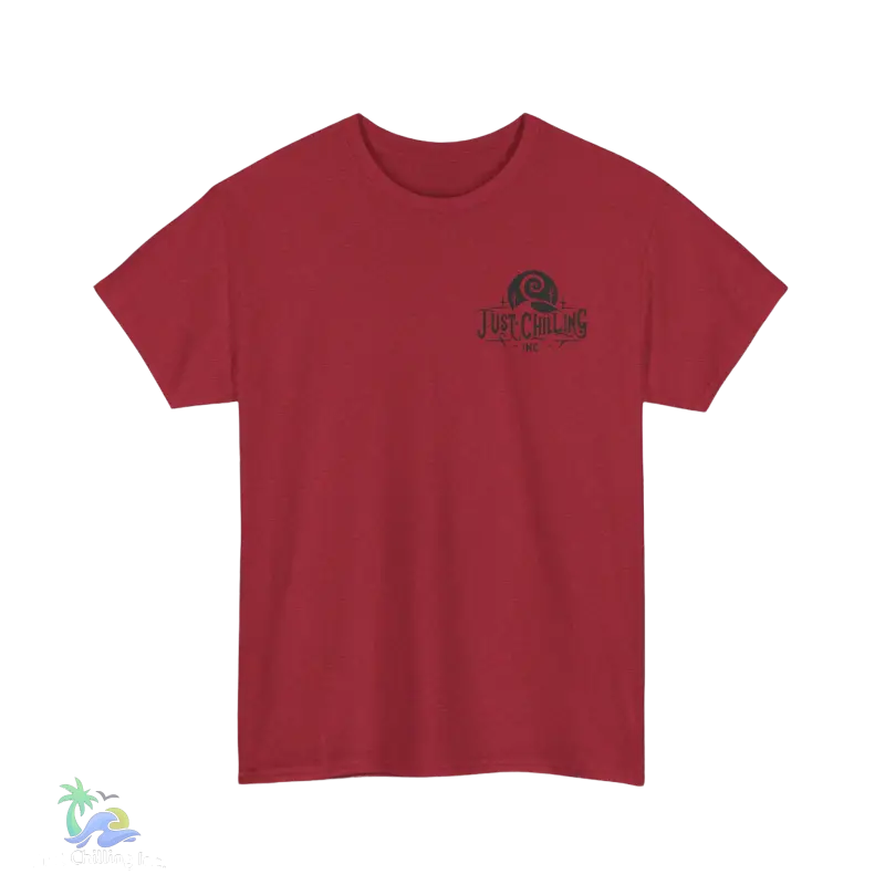 a red t - shirt with a black logo on the chest