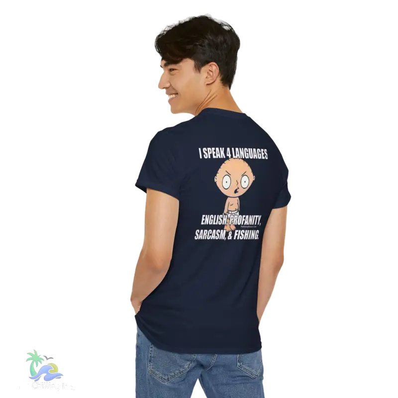 a man wearing a t - shirt with a cartoon character on it