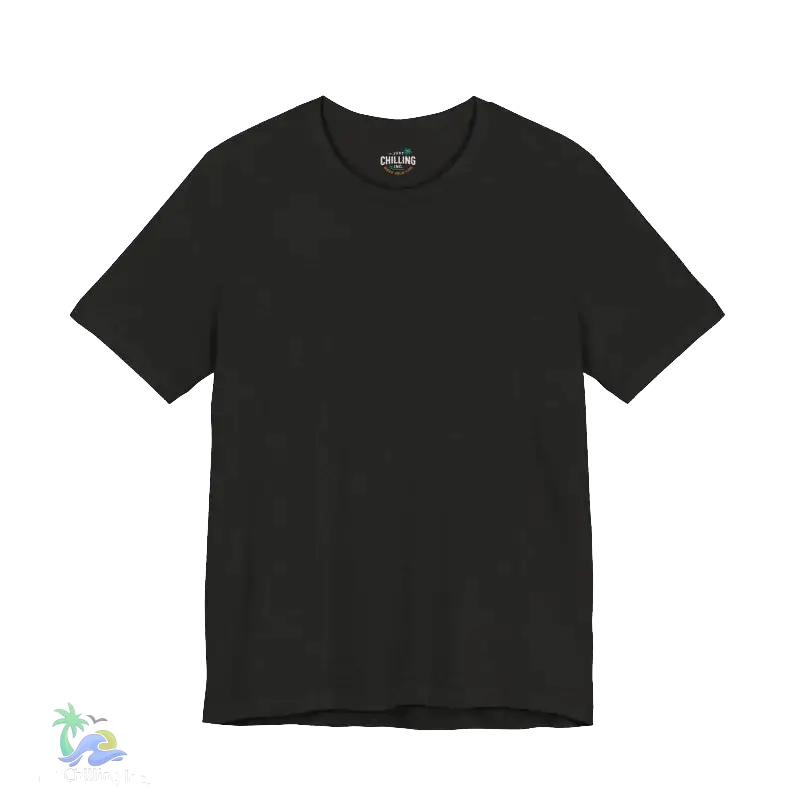 A plain black t-shirt against a black background.
