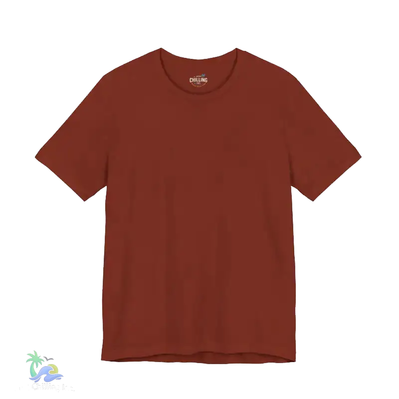 A red t-shirt is shown against a black background.