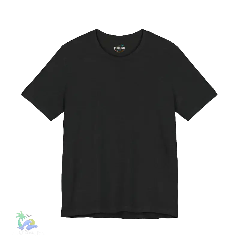 A plain black t-shirt against a black background.