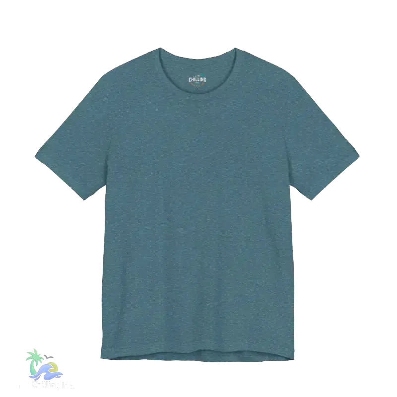 A plain teal-colored t-shirt is shown against a black background.
