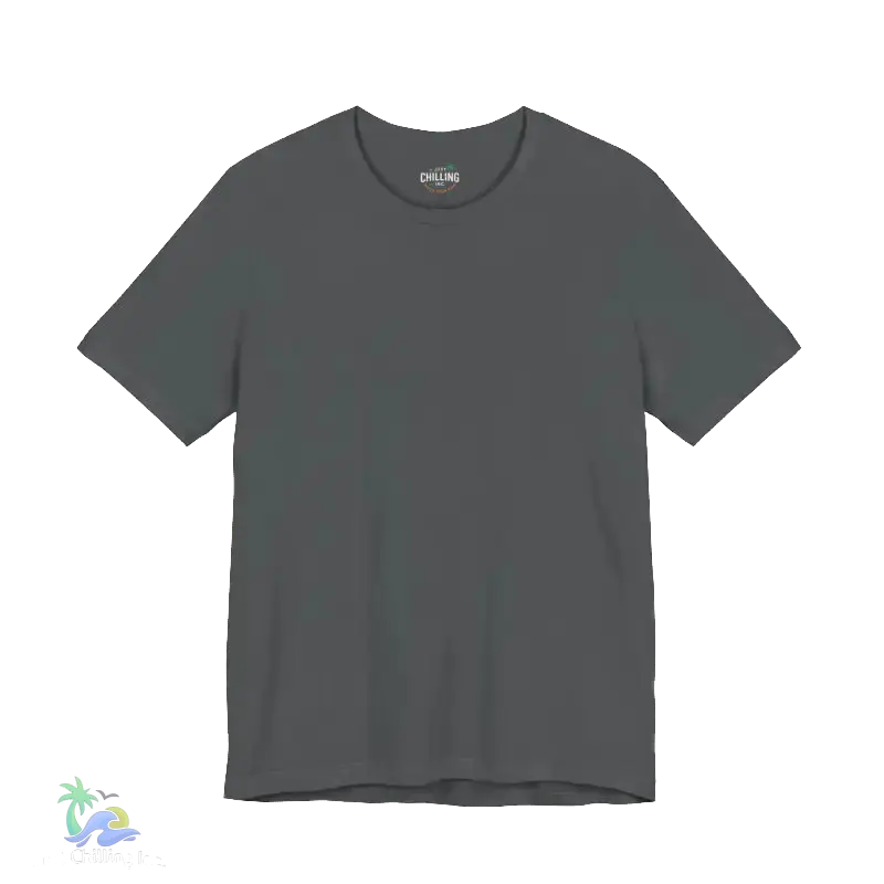 A plain gray t-shirt against a black background.