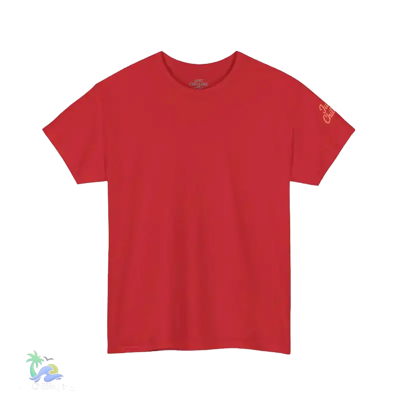 A red t-shirt is shown against a black background.