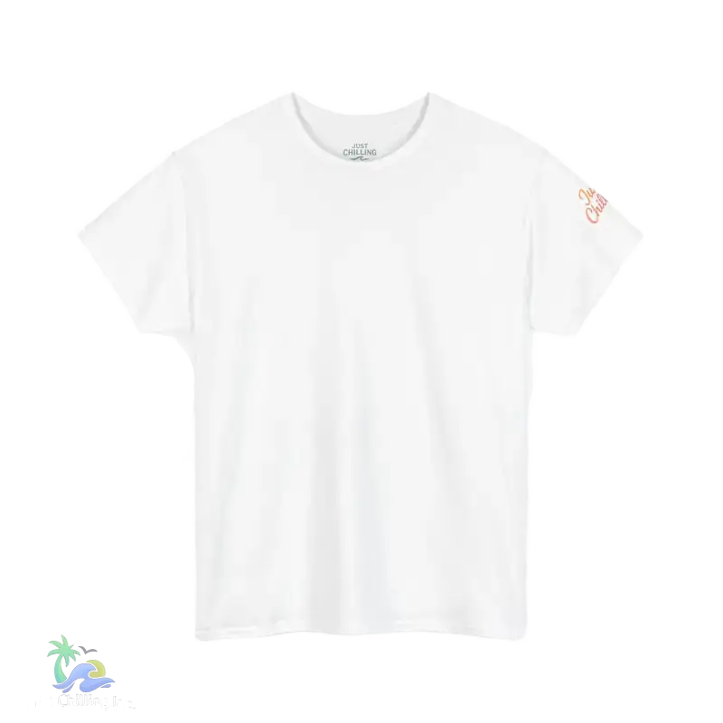 A plain white t-shirt with a small orange design on the left sleeve.
