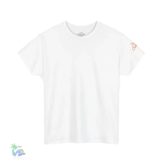A plain white t-shirt with a small orange design on the left sleeve.