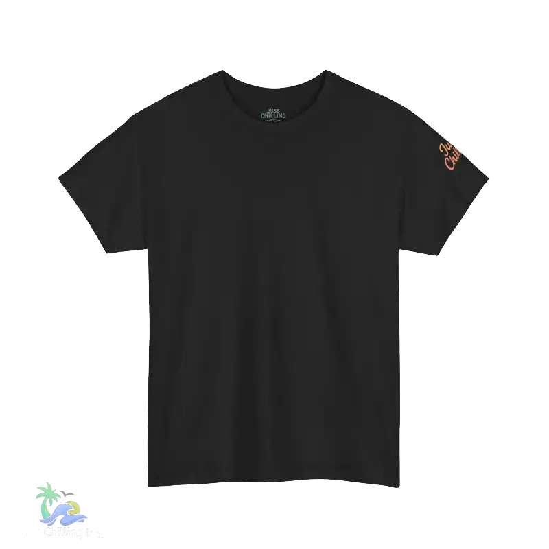 A black t-shirt with a small logo on the left sleeve.