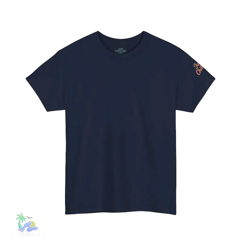 A navy blue t-shirt with a small logo on the left sleeve.
