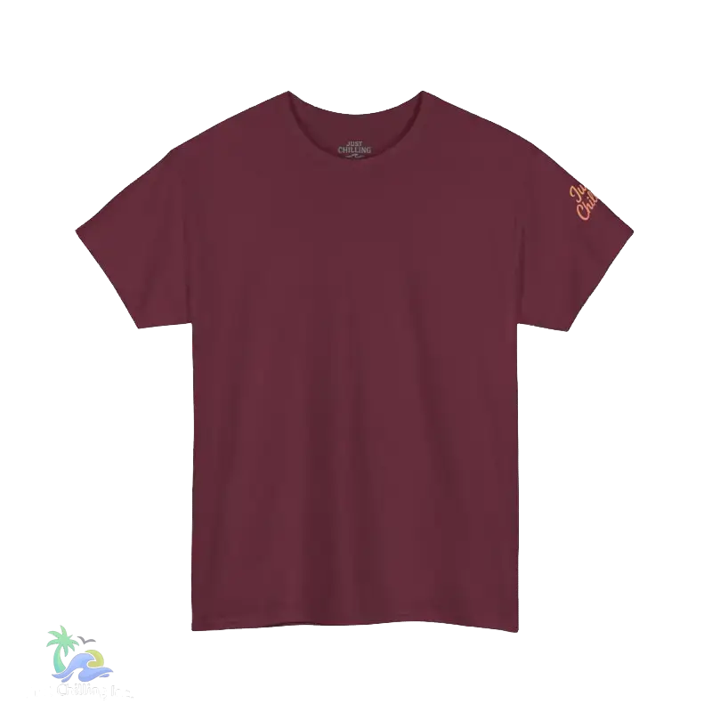 A maroon-colored t-shirt is shown against a black background.