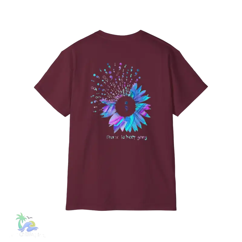 a maroon t - shirt with an image of a sunflower