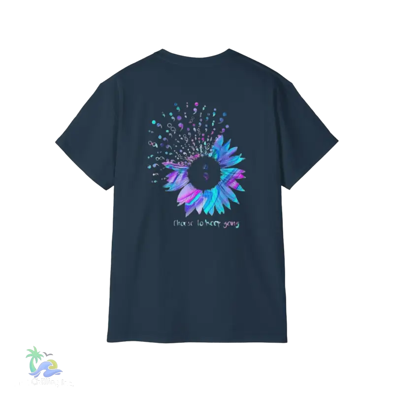 a dark blue t - shirt with an image of a sunflower