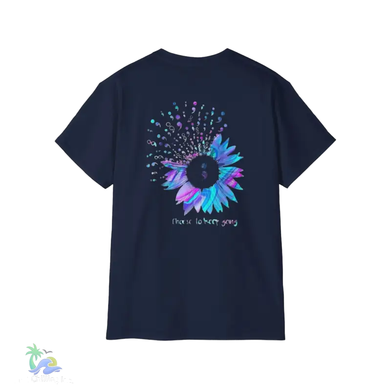 a dark blue t - shirt with an image of a sunflower and the words