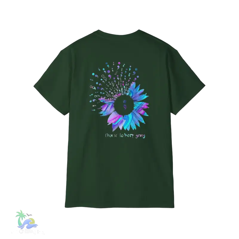 a green t - shirt with an image of a sunflower