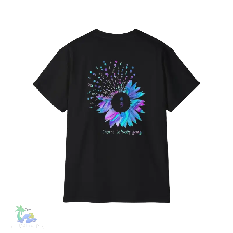 a black t - shirt with an image of a sunflower